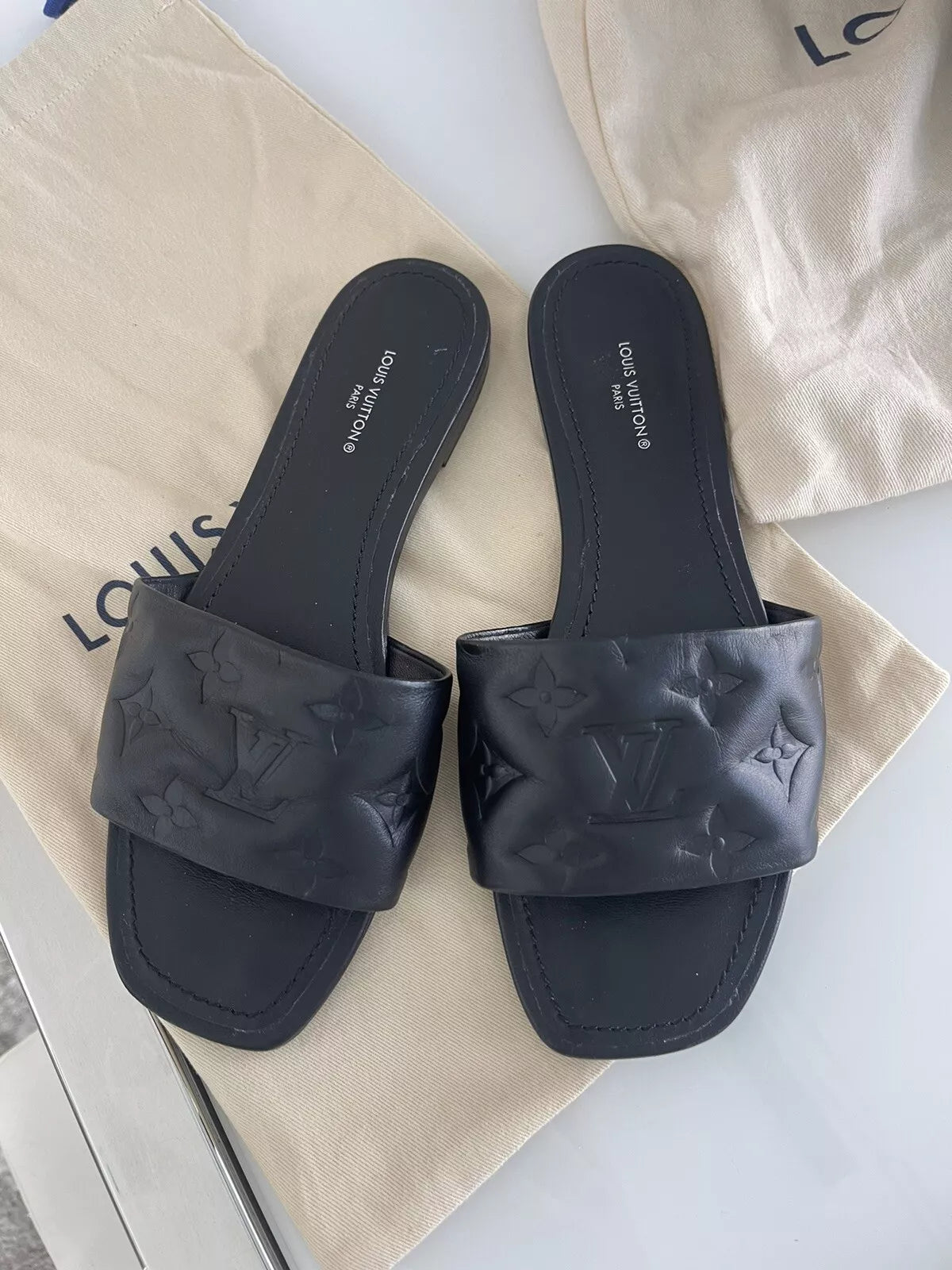 Louis Vuitton Black Monogram Leather Revival Flat Slides