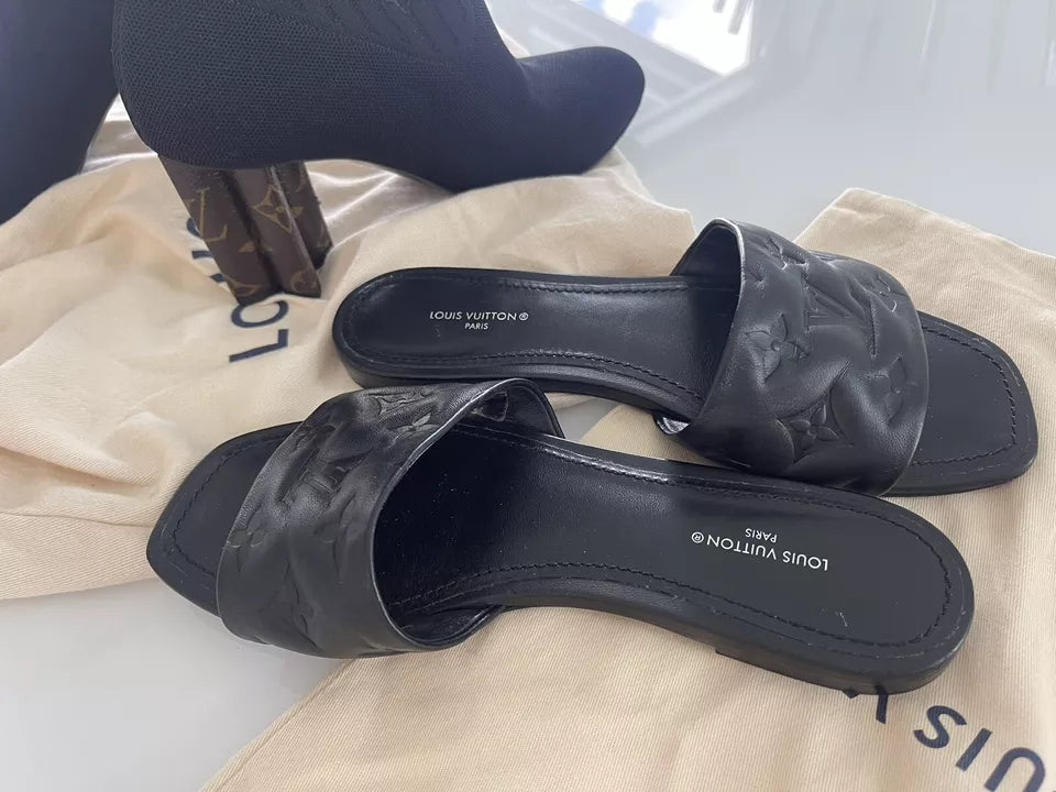 Louis Vuitton Black Monogram Leather Revival Flat Slides