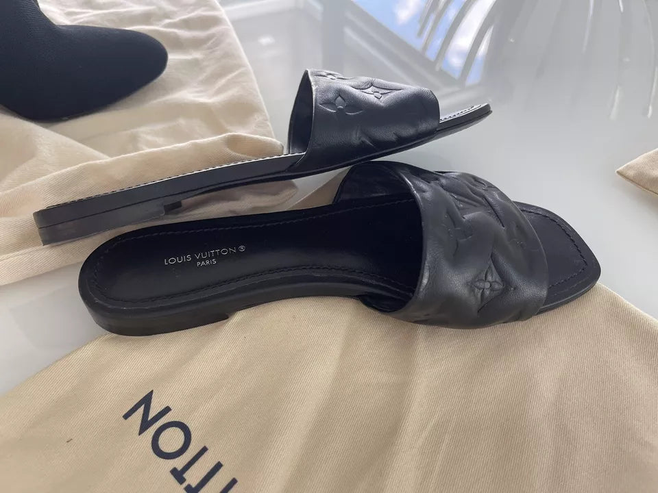 Louis Vuitton Black Monogram Leather Revival Flat Slides