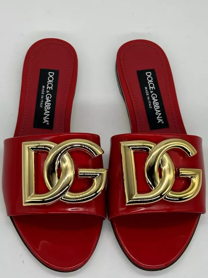 Dolce & Gabbana D&G DG Logo Bianca Glossy Flat Slides Sandals Shoes Mules